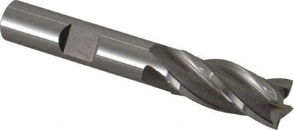 OSG - 7/16", 1" LOC, 3/8" Shank Diam, 2-11/16" OAL, 4 Flute, Vanadium High Speed Steel Square End Mill - Single End, Uncoated, Spiral Flute, 30° Helix, Centercutting, Right Hand Cut, Right Hand Flute, Series 574 - Exact Tool & Supply