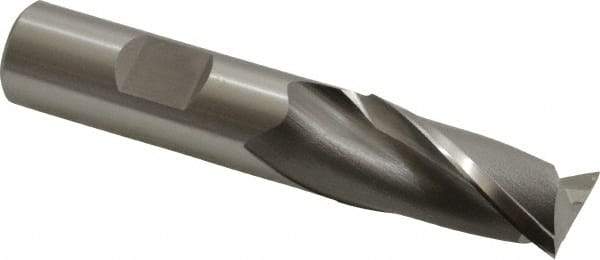 OSG - 11/16", 1-5/16" LOC, 5/8" Shank Diam, 3-7/16" OAL, 2 Flute, Vanadium High Speed Steel Square End Mill - Single End, Uncoated, Spiral Flute, 30° Helix, Centercutting, Right Hand Cut, Right Hand Flute, Series 573 - Exact Tool & Supply