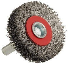 Value Collection - 2" OD, 1/4" Shank Diam, Crimped Steel Wheel Brush - 3/8" Face Width, 9/16" Trim Length, 0.015" Filament Diam, 15,000 RPM - Exact Tool & Supply
