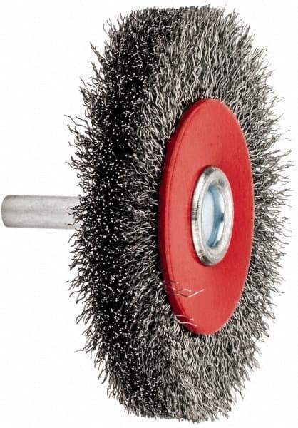 Value Collection - 2-5/8" OD, 1/4" Shank Diam, Crimped Steel Wheel Brush - 1/2" Face Width, 1/2" Trim Length, 0.008" Filament Diam, 15,000 RPM - Exact Tool & Supply