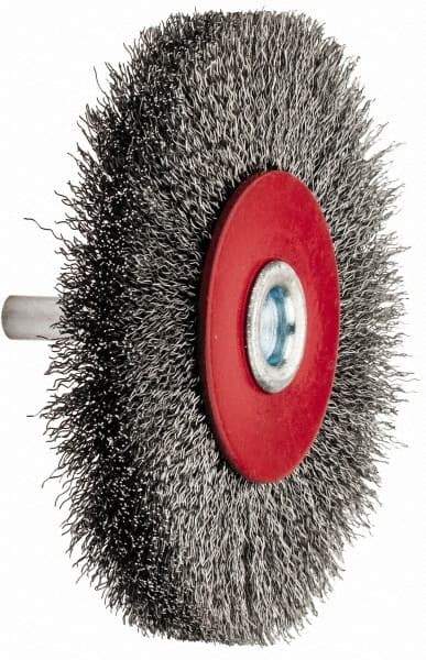 Value Collection - 3-1/16" OD, 1/4" Shank Diam, Crimped Steel Wheel Brush - 1/2" Face Width, 9/16" Trim Length, 0.008" Filament Diam, 12,000 RPM - Exact Tool & Supply