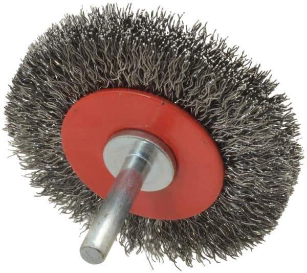 Value Collection - 2-5/8" OD, 1/4" Shank Diam, Crimped Steel Wheel Brush - 1/2" Face Width, 3/4" Trim Length, 0.015" Filament Diam, 15,000 RPM - Exact Tool & Supply