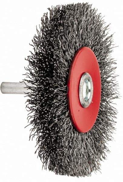 Value Collection - 3-1/16" OD, 1/4" Shank Diam, Crimped Steel Wheel Brush - 1/2" Face Width, 3/4" Trim Length, 0.015" Filament Diam, 12,000 RPM - Exact Tool & Supply