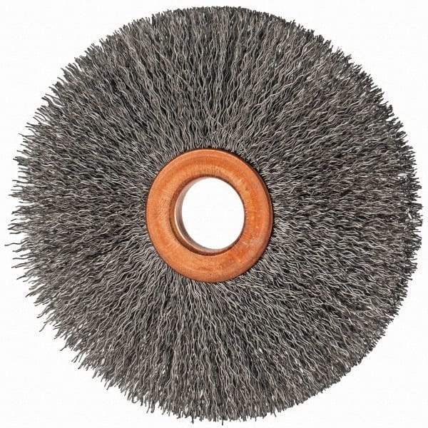 Value Collection - 3" OD, 1/2" Arbor Hole, Crimped Steel Wheel Brush - 3/8" Face Width, 1" Trim Length, 0.007" Filament Diam, 15,000 RPM - Exact Tool & Supply