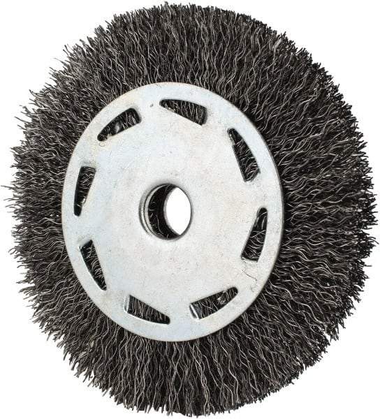 Value Collection - 4" OD, 1/2" Arbor Hole, Crimped Steel Wheel Brush - 7/16" Face Width, 23/32" Trim Length, 0.012" Filament Diam, 5,000 RPM - Exact Tool & Supply