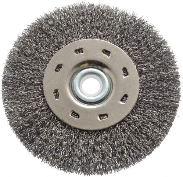 Value Collection - 5" OD, 1/2" Arbor Hole, Crimped Steel Wheel Brush - 1/2" Face Width, 1-15/64" Trim Length, 0.012" Filament Diam, 5,000 RPM - Exact Tool & Supply