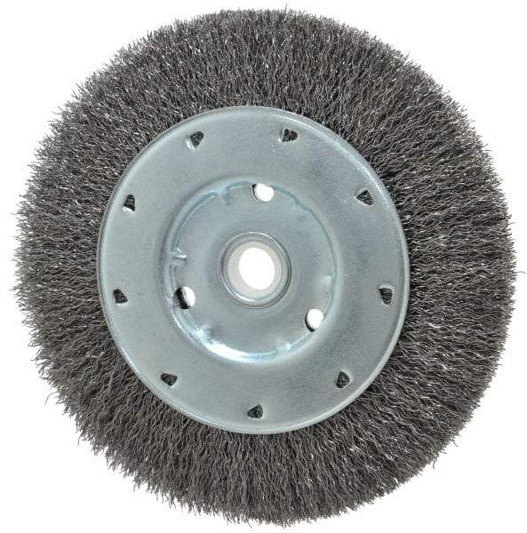 Value Collection - 6" OD, 1/2" Arbor Hole, Crimped Steel Wheel Brush - 1/2" Face Width, 1-15/64" Trim Length, 0.012" Filament Diam, 5,000 RPM - Exact Tool & Supply