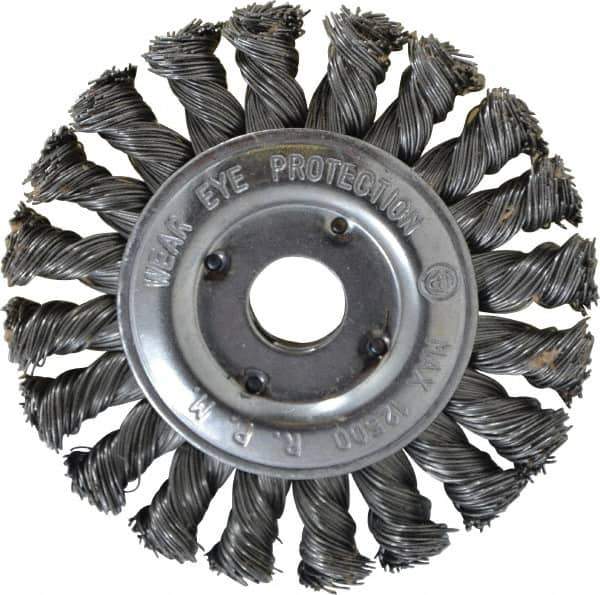 Value Collection - 4" OD, 5/8" Arbor Hole, Knotted Steel Wheel Brush - 1/2" Face Width, 3/4" Trim Length, 0.012" Filament Diam, 12,500 RPM - Exact Tool & Supply