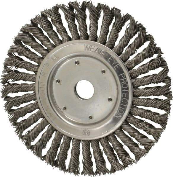 Value Collection - 8" OD, 7/8" Arbor Hole, Knotted Steel Wheel Brush - 1/2" Face Width, 1-11/16" Trim Length, 0.015" Filament Diam, 8,500 RPM - Exact Tool & Supply