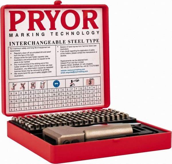 Pryor - 112 Piece, 1/8 Inch Character, Hardened Steel Type Set - 9 Character Capacity - Exact Tool & Supply
