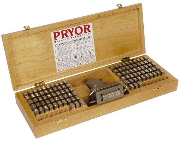 Pryor - 106 Piece, 3/8 Inch Character, Hardened Steel Type Set - 6 Character Capacity - Exact Tool & Supply