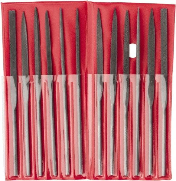 Value Collection - 12 Piece Swiss Pattern File Set - 5-1/2" Long, 2 Coarseness, Round Handle, Set Includes Barrette, Crossing, Equalling, Flat, Half Round, Knife, Round, Round Edge Joint, Slitting, Square, Three Square - Exact Tool & Supply