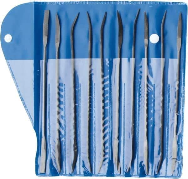 Value Collection - 10 Piece Swiss Pattern File Set - 7" Long, 2 Coarseness, Die Sinker's Handle, Set Includes Barrette, Crossing, Equalling, Flat, Half Round, Knife, Round, Round Edge Joint, Slitting, Square, Three Square - Exact Tool & Supply