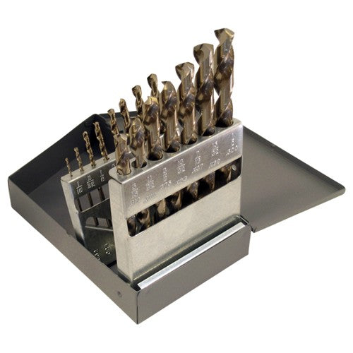 ‎1/16-1/2 RHS / RHC HSS-CO 8% (M42) 135 Degree Split Point Heavy Duty Cobalt Jobber Length Drill Set - Straw / Gold Oxide - Exact Tool & Supply