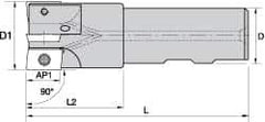 Kennametal - 3/4" Cut Diam, 0.357" Max Depth of Cut, 3/4" Shank Diam, 85.73mm OAL, Indexable Square Shoulder End Mill - AD.T 1035 Inserts, Weldon Shank, 0° Lead Angle, Through Coolant - Exact Tool & Supply