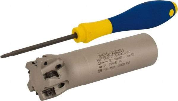 Iscar - 1-1/4" Cut Diam, 0.315" Max Depth of Cut, 1" Shank Diam, 4" OAL, Indexable Square Shoulder Helical End Mill - H490 AN.X 09 Inserts, Weldon Shank, 90° Lead Angle, Through Coolant, Series Helido - Exact Tool & Supply