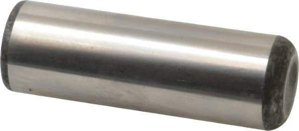 Made in USA - 1" Diam x 3" Pin Length Grade 8 Alloy Steel Standard Dowel Pin - Bright Finish, C 47-58 & C 60 (Surface) Hardness, 117,800 Lb (Single Shear), 235,600 Lb (Double Shear) Breaking Strength, 1 Beveled & 1 Rounded End - Exact Tool & Supply