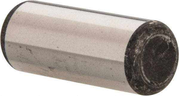 Made in USA - 1/2" Diam x 1-1/4" Pin Length Grade 8 Alloy Steel Standard Dowel Pin - Bright Finish, C 47-58 & C 60 (Surface) Hardness, 29,450 Lb (Single Shear), 58,900 Lb (Double Shear) Breaking Strength, 1 Beveled & 1 Rounded End - Exact Tool & Supply