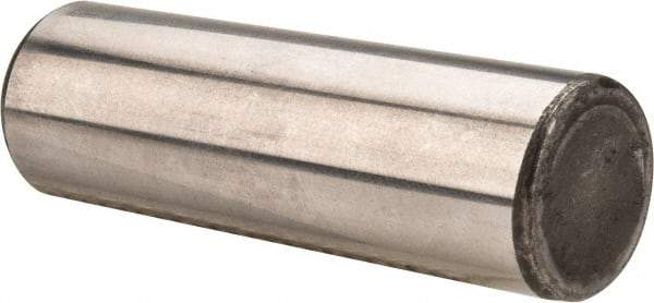 Made in USA - 5/8" Diam x 2" Pin Length Grade 8 Alloy Steel Standard Dowel Pin - Bright Finish, C 47-58 & C 60 (Surface) Hardness, 46,000 Lb (Single Shear), 92,000 Lb (Double Shear) Breaking Strength, 1 Beveled & 1 Rounded End - Exact Tool & Supply