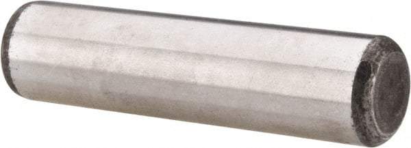 Made in USA - 5/8" Diam x 2-1/2" Pin Length Grade 8 Alloy Steel Standard Dowel Pin - Bright Finish, C 47-58 & C 60 (Surface) Hardness, 46,000 Lb (Single Shear), 92,000 Lb (Double Shear) Breaking Strength, 1 Beveled & 1 Rounded End - Exact Tool & Supply