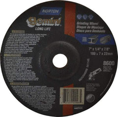 Norton - 7" Wheel Diam, 1/4" Wheel Thickness, 7/8" Arbor Hole, Type 27 Depressed Center Wheel - Aluminum Oxide, 8,600 Max RPM, Compatible with Angle Grinder - Exact Tool & Supply