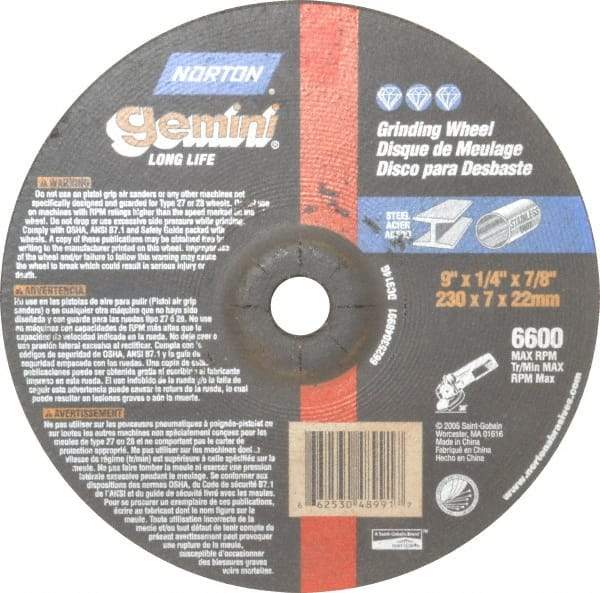 Norton - 9" Wheel Diam, 1/4" Wheel Thickness, 7/8" Arbor Hole, Type 27 Depressed Center Wheel - Aluminum Oxide, 6,600 Max RPM, Compatible with Angle Grinder - Exact Tool & Supply