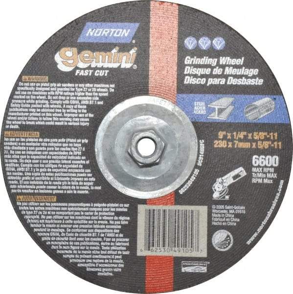 Norton - 9" Wheel Diam, 1/4" Wheel Thickness, Type 27 Depressed Center Wheel - Aluminum Oxide, 6,600 Max RPM, Compatible with Angle Grinder - Exact Tool & Supply