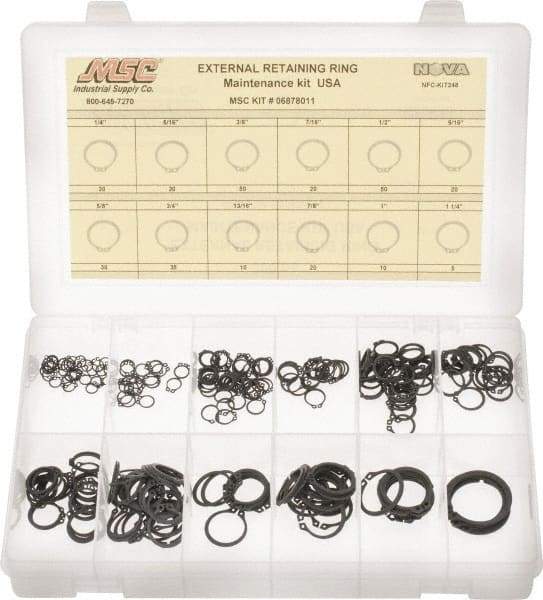 Made in USA - 300 Piece, 1/4 to 1-1/4", Steel, Snap External Retaining Ring Assortment - Includes Compartmented Case - Exact Tool & Supply