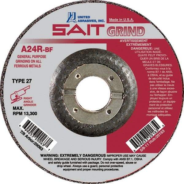 Sait - 24 Grit, 5" Wheel Diam, 1/4" Wheel Thickness, 7/8" Arbor Hole, Type 27 Depressed Center Wheel - Aluminum Oxide, Resinoid Bond, R Hardness, 12,200 Max RPM, Compatible with Angle Grinder - Exact Tool & Supply