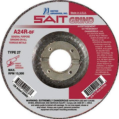 Sait - 24 Grit, 6" Wheel Diam, 1/4" Wheel Thickness, 7/8" Arbor Hole, Type 27 Depressed Center Wheel - Aluminum Oxide, Resinoid Bond, R Hardness, 10,200 Max RPM, Compatible with Angle Grinder - Exact Tool & Supply