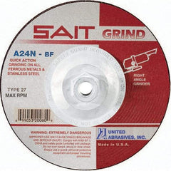 Sait - 24 Grit, 4-1/2" Wheel Diam, 3/16" Wheel Thickness, Type 27 Depressed Center Wheel - Aluminum Oxide, Resinoid Bond, N Hardness, 13,300 Max RPM, Compatible with Angle Grinder - Exact Tool & Supply