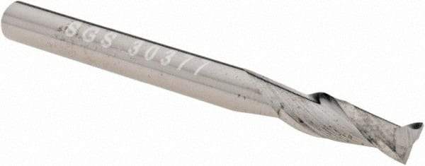 SGS - 1/8", 3/8" LOC, 1/8" Shank Diam, 1-1/2" OAL, 2 Flute, Solid Carbide Square End Mill - Single End, Uncoated, Spiral Flute, 30° Helix, Centercutting, Right Hand Cut, Right Hand Flute, Series 3 - Exact Tool & Supply