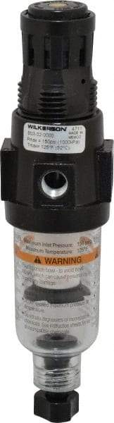 Wilkerson - 1/4" NPT Port Miniature 1 Piece Filter/Regulator FRL Unit - Polycarbonate Bowl, 18 SCFM, 150 Max psi, 6.21" High, Manual Drain - Exact Tool & Supply