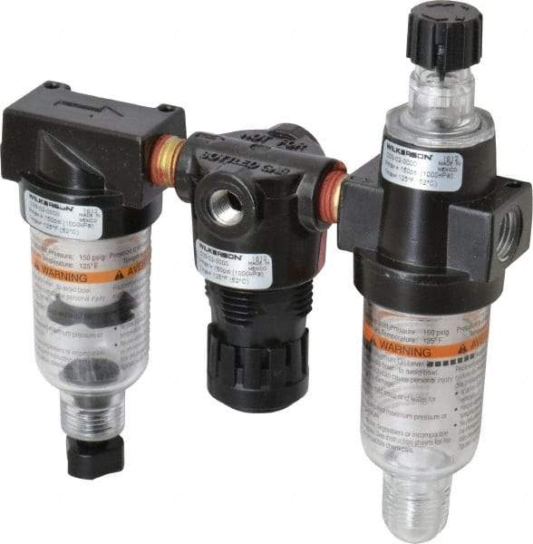 Wilkerson - 1/4" NPT Port Miniature 3 Piece Filter-Regulator-Lubricator FRL Unit - Polycarbonate Bowl, 20 SCFM, 150 Max psi, 5.98" High, Manual Drain - Exact Tool & Supply