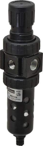Parker - 3/8" NPT Port Compact 1 Piece Filter/Regulator FRL Unit - Polycarbonate Bowl, 40 SCFM, 150 Max psi, 8.51" High, Manual Drain - Exact Tool & Supply