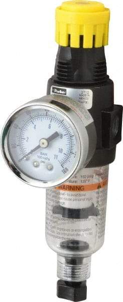 Parker - 1/4" NPT Port Miniature 1 Piece Filter/Regulator FRL Unit - Polycarbonate Bowl, 18 SCFM, 150 Max psi, 6.21" High, Manual Drain - Exact Tool & Supply