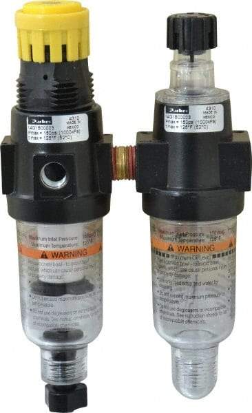 Parker - 1/4" NPT Port Miniature 2 Piece Filter/Regulator-Lubricator FRL Unit - Polycarbonate Bowl, 40 SCFM, 150 Max psi, 6.21" High, Manual Drain - Exact Tool & Supply
