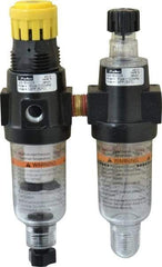 Parker - 1/4" NPT Port Miniature 2 Piece Filter/Regulator-Lubricator FRL Unit - Polycarbonate Bowl, 40 SCFM, 150 Max psi, 6.21" High, Manual Drain - Exact Tool & Supply