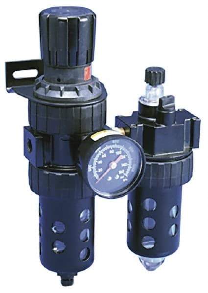 Parker - 1/2" NPT Port Standard 2 Piece Filter/Regulator-Lubricator FRL Unit - Polycarbonate Bowl, 90 SCFM, 150 Max psi, 11.76" High, Manual Drain - Exact Tool & Supply