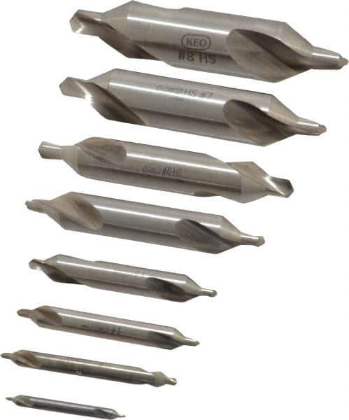 Keo - 8 Piece, #1 to 8, Plain Edge, High Speed Steel Combo Drill & Countersink Set - 60° Incl Angle - Exact Tool & Supply