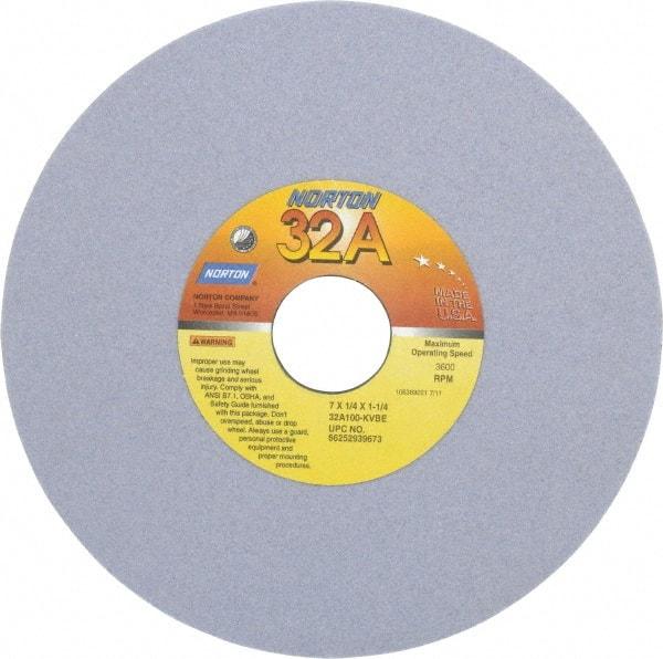 Norton - 7" Diam x 1-1/4" Hole x 1/4" Thick, K Hardness, 100 Grit Surface Grinding Wheel - Aluminum Oxide, Type 1, Fine Grade, 3,600 Max RPM, Vitrified Bond, No Recess - Exact Tool & Supply