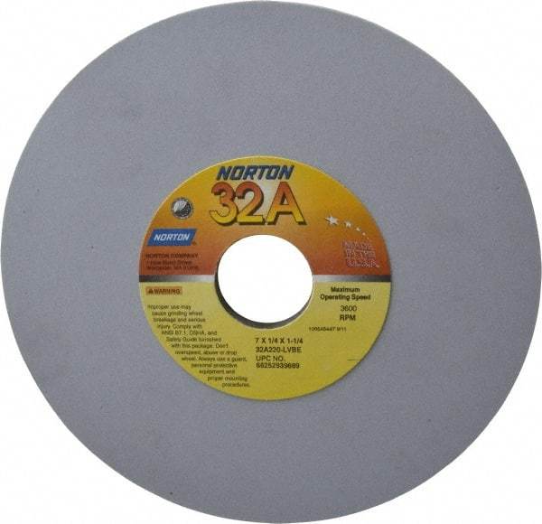 Norton - 7" Diam x 1-1/4" Hole x 1/4" Thick, L Hardness, 220 Grit Surface Grinding Wheel - Aluminum Oxide, Type 1, Very Fine Grade, 3,600 Max RPM, Vitrified Bond, No Recess - Exact Tool & Supply