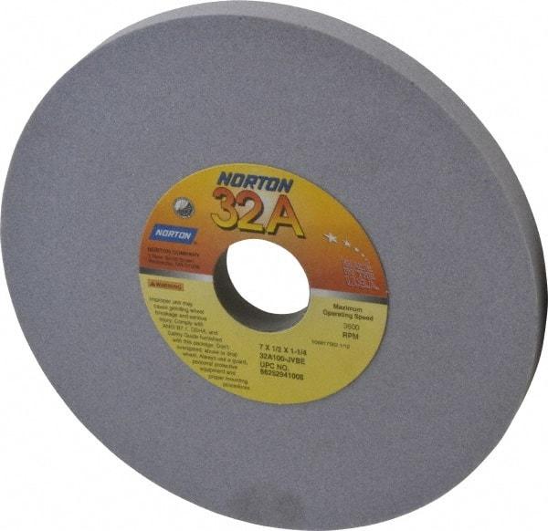Norton - 7" Diam x 1-1/4" Hole x 1/2" Thick, J Hardness, 100 Grit Surface Grinding Wheel - Aluminum Oxide, Type 1, Fine Grade, 3,600 Max RPM, Vitrified Bond, No Recess - Exact Tool & Supply