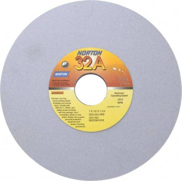 Norton - 7" Diam x 1-1/4" Hole x 1/2" Thick, L Hardness, 120 Grit Surface Grinding Wheel - Aluminum Oxide, Type 1, Fine Grade, 3,600 Max RPM, Vitrified Bond, No Recess - Exact Tool & Supply