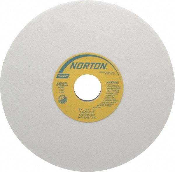 Norton - 8" Diam x 1-1/4" Hole x 1/4" Thick, I Hardness, 80 Grit Surface Grinding Wheel - Aluminum Oxide, Type 1, Medium Grade, 3,600 Max RPM, Vitrified Bond, No Recess - Exact Tool & Supply