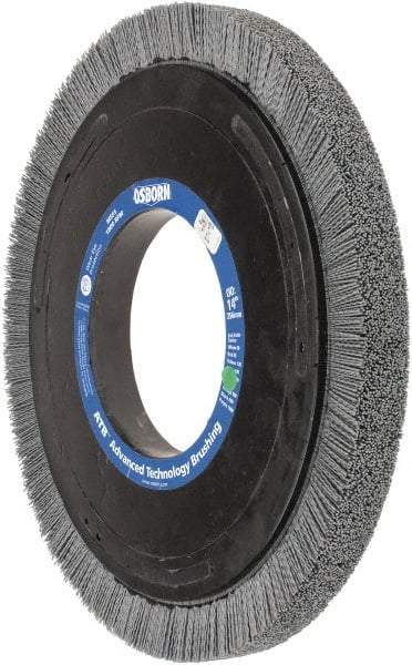 Osborn - 14" OD, 5-1/4" Arbor Hole, Crimped Nylon Wheel Brush - 1" Face Width, 1-1/4" Trim Length, 0.035" Filament Diam, 1,800 RPM - Exact Tool & Supply