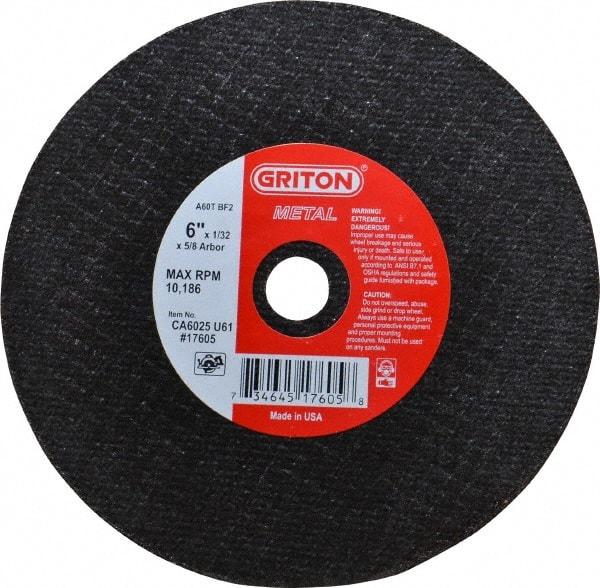 Value Collection - 6" 60 Grit Aluminum Oxide Cutoff Wheel - 1/32" Thick, 5/8" Arbor, 10,186 Max RPM, Use with Circular Saws - Exact Tool & Supply