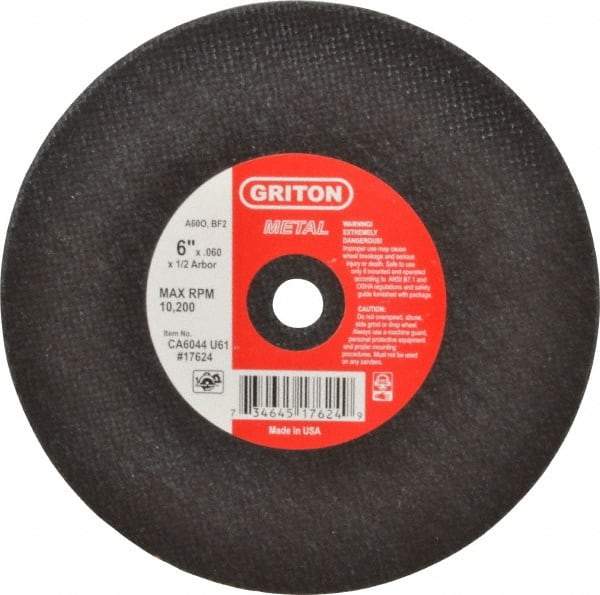 Made in USA - 6" 60 Grit Aluminum Oxide Cutoff Wheel - 0.06" Thick, 1/2" Arbor, 10,186 Max RPM, Use with Circular Saws - Exact Tool & Supply