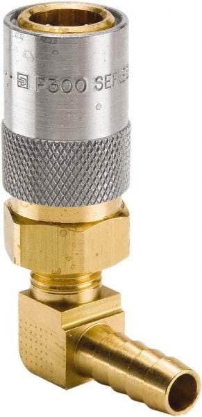 Parker - Nonthreaded Brass Hydraulic Hose Hose Barb Coupler & 90° Fitting - 200 psi, 6 GPM, 3/8" Hose Diam, Series Moldmate - Exact Tool & Supply