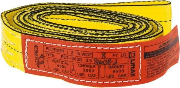 Lift-All - 8' Long x 2" Wide, 4,800 Lb Vertical Capacity, 2 Ply, Nylon Web Sling - 3,800 Lb Choker Capacity, Yellow - Exact Tool & Supply